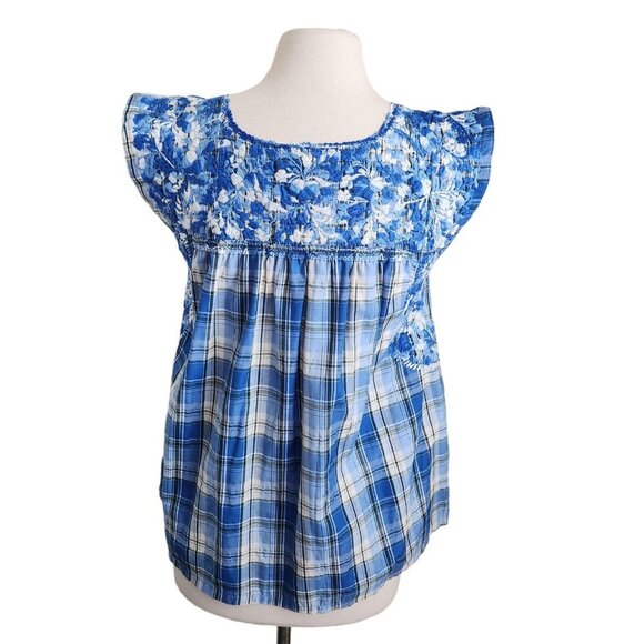 MI GOLONDRINA Soledad Blouse Women's Small Floral Ruffle‎ Top Lago Blue Plaid - Picture 5 of 12
